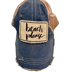 "Beach Please" Distressed blue denim hat, OSFA